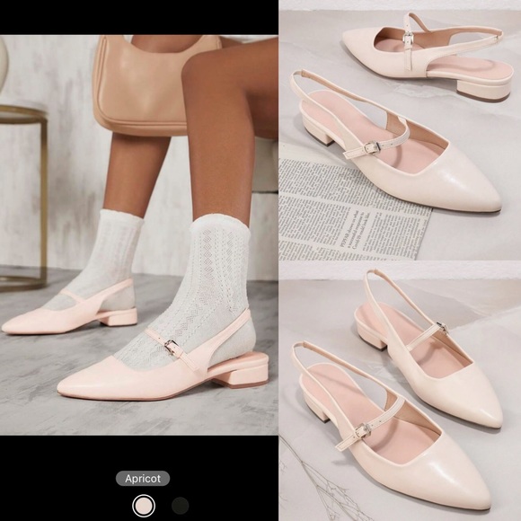 Pointed toe buckle strap slingback mini heeled flats - cream patent faux leather - Picture 1 of 7